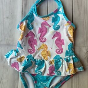 Eleanor Rose Kids Swim One Piece - White with Pink, Yellow, and Blue Seahorses